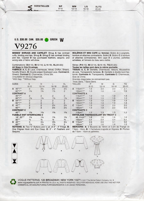 2010's Vogue Accessory Pattern: Shrugs and Capelets Pattern - One Size - No. V 9276