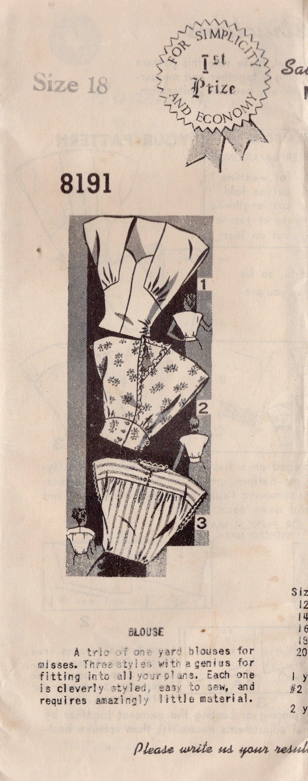 1940's Mail Order One Yard Blouse Pattern - Bust 36" - No. 8191