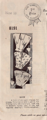1940's Mail Order One Yard Blouse Pattern - Bust 36" - No. 8191