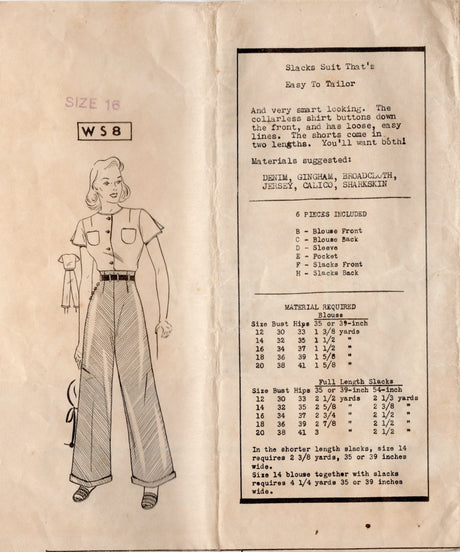 1940's Mail Order Button Up Blouse  and Wide Leg Pants Pattern - Bust 34" - No. WS8