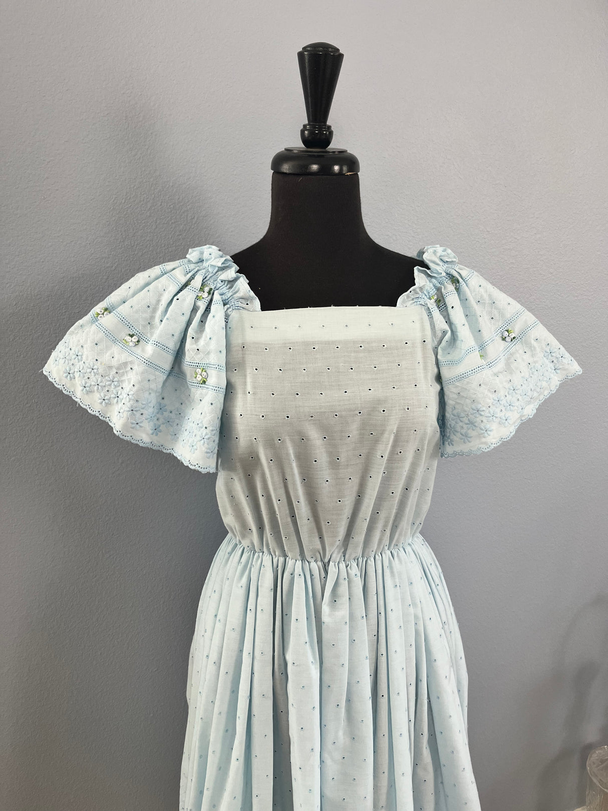 1970/80’s Blue Eyelet Dress with Flutter Sleeves - S/M