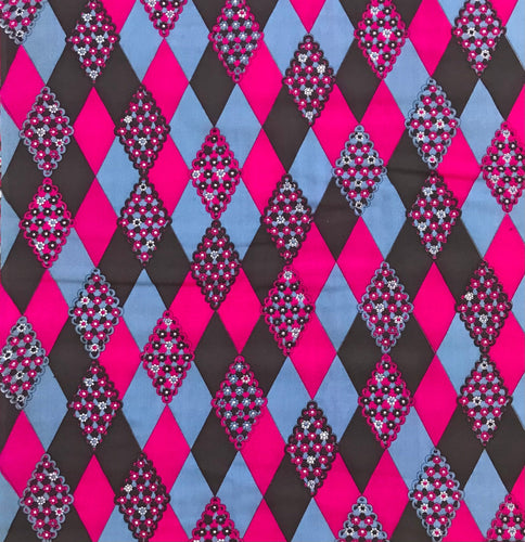 1970’s Dark Brown, Pink and Blue Harlequin with Roses - Acrylic - BTY