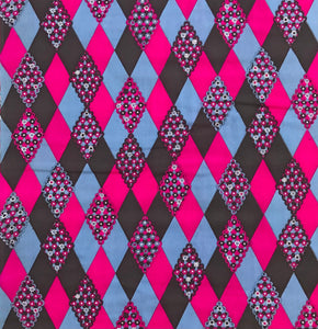 1970’s Dark Brown, Pink and Blue Harlequin with Roses - Acrylic - BTY