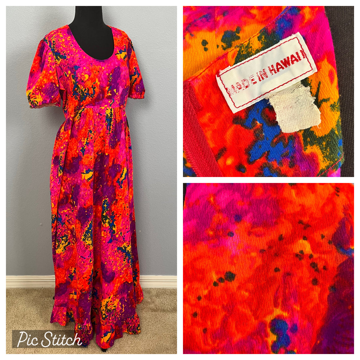 1970’s Hawaiian Pink and Purple Floral Barkcloth Maxi Dress - L/XL