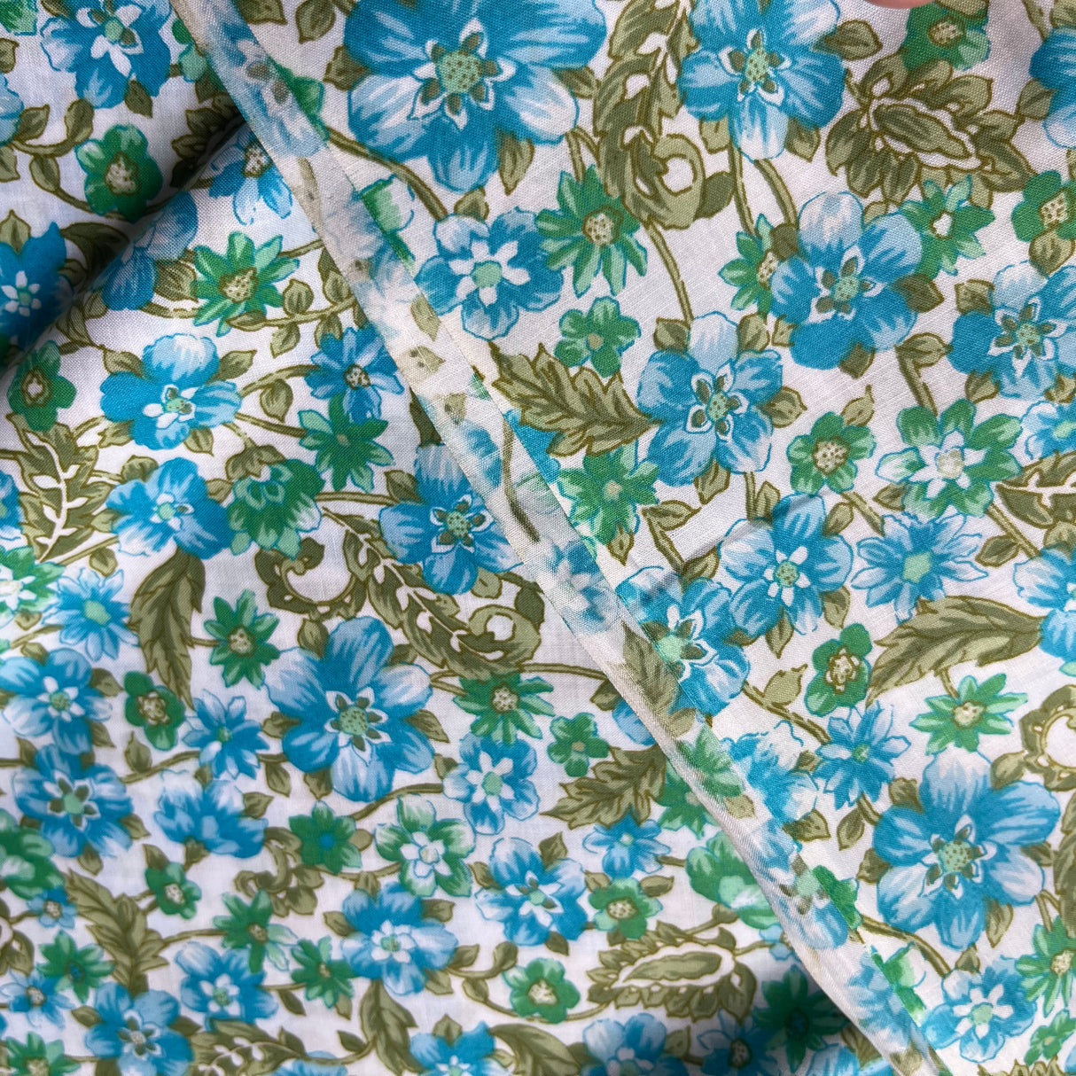 1970’s Blue Floral with Green Leaves - Cotton