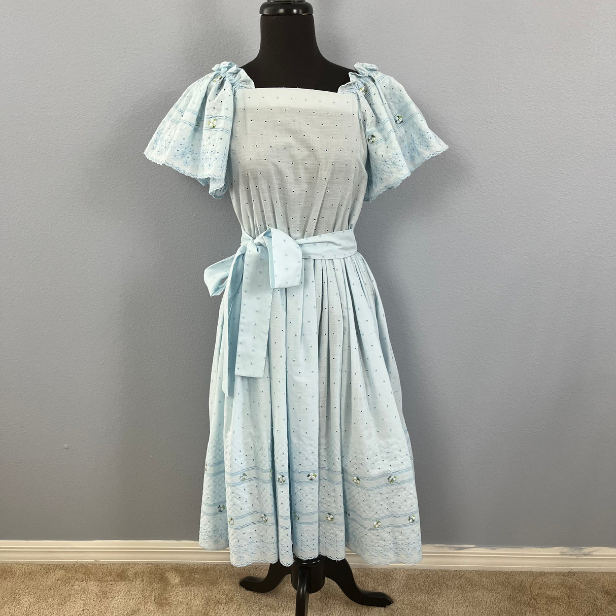 1970/80’s Blue Eyelet Dress with Flutter Sleeves - S/M