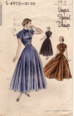 1950’s Vogue Special Design Shirtwaist Dress with Tie Neckline and Slip Pattern - Bust 30” - No. s-4915
