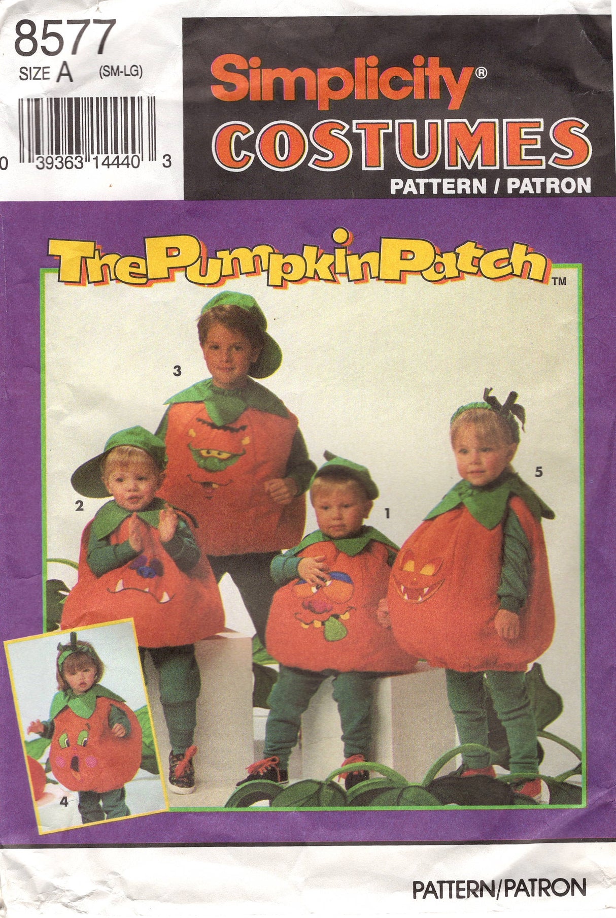 1993's Simplicity Pumpkin Patch Costume with Pumpkin, Hat and Stem Headpiece - Chest 19"-25" - No. 8577