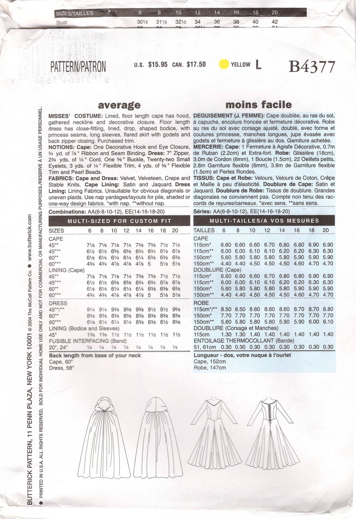 2000's Simplicity Renaissance Costume Collection Medieval Flowing Dress with Large Sleeves and Cape Pattern - Size 6-8-10-12 - No. B4377