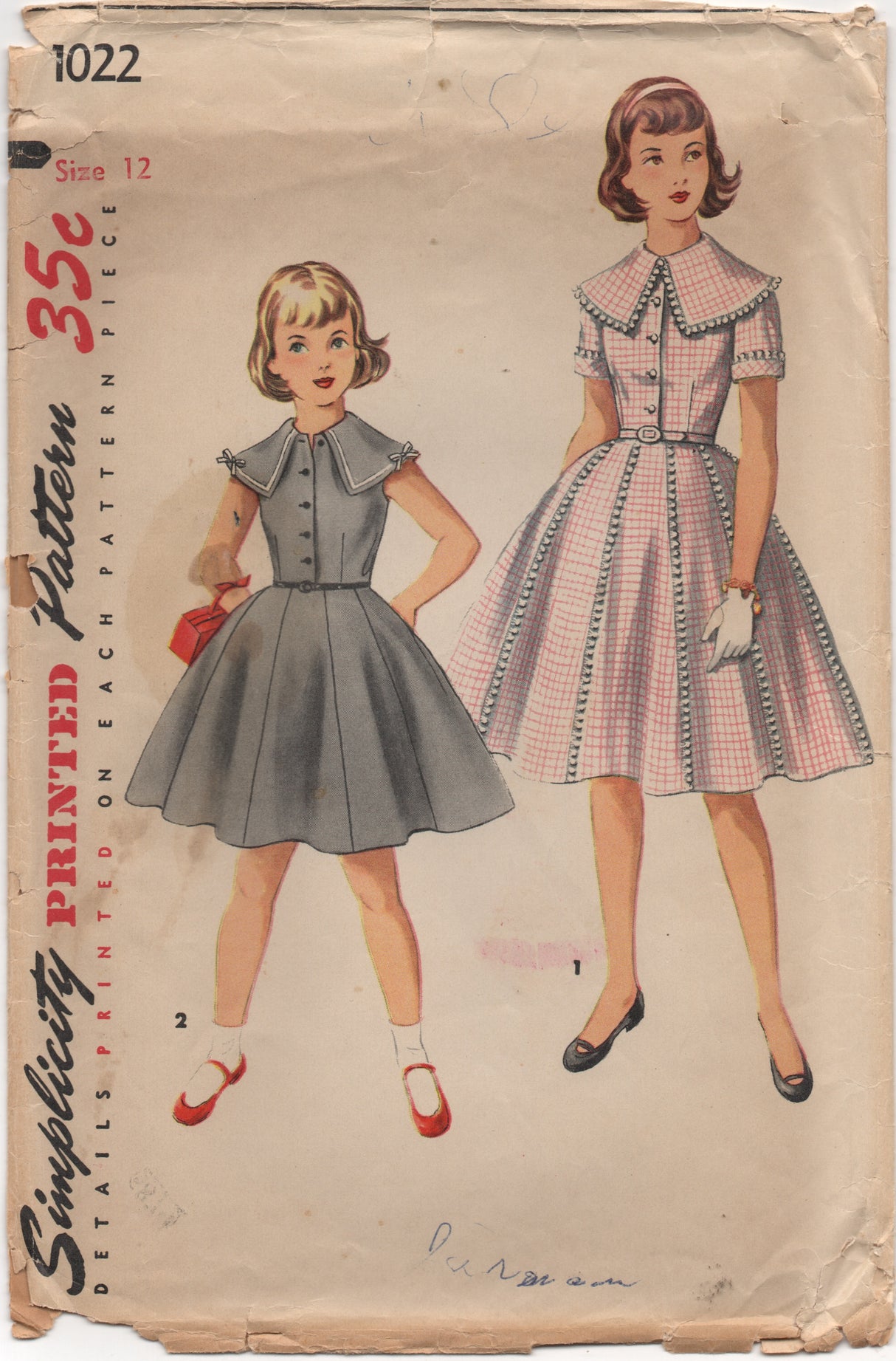 1950's Simplicity Girl's One Piece Gored Dress with Large Collar - Bust 30" - No. 1022