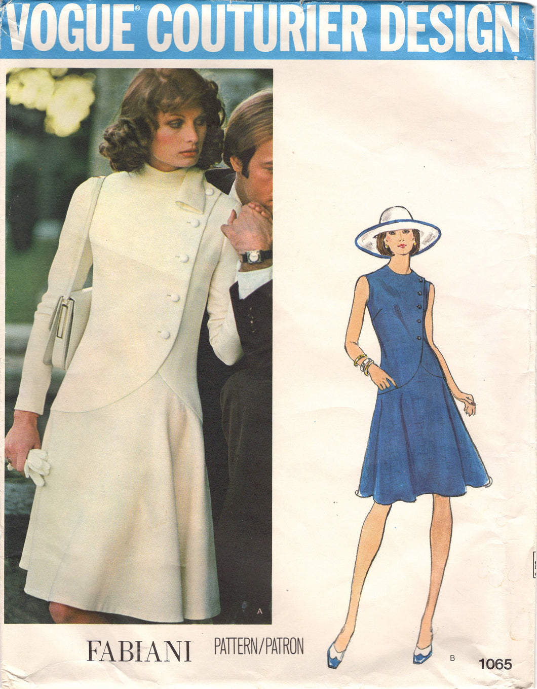 1970's Vogue Couturier Design One Piece Dress with Cross over front and Button detail with Belt - Fabiani - Bust 34