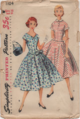 1950's Simplicity Teen-Age One Piece Dress with Drop Waist and Banded Trim and Two Neckline options - Bust 34" - No. 1104