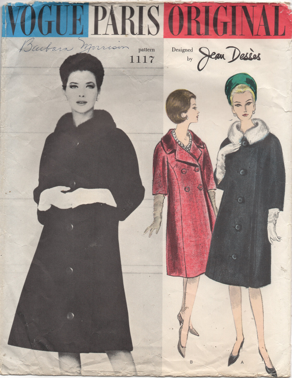 1960's Vogue Paris Original by Jean Desses - Single or Double Breasted Coat with Notched Neckline - Bust 32" - No. 1117