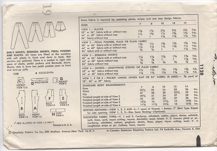 1950's Simplicity Girl's High Waisted Short, Bermuda Shorts, and Pants - Waist 23" - No. 1128