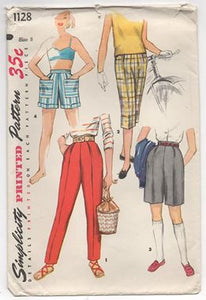 1950's Simplicity Girl's High Waisted Short, Bermuda Shorts, and Pants - Waist 23" - No. 1128
