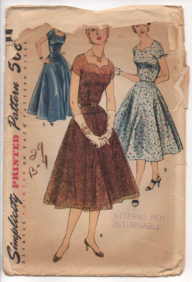 1950's Simplicity One Piece Cocktail Dress with High Sweetheart Neckline - Bust 34" - No. 1134