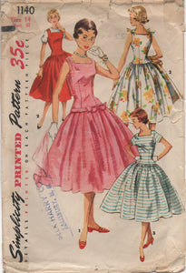 1950's Simplicity One Piece Dress with Square Neckline, Drop Waist and Bow Accents - Bust 32" - No. 1140