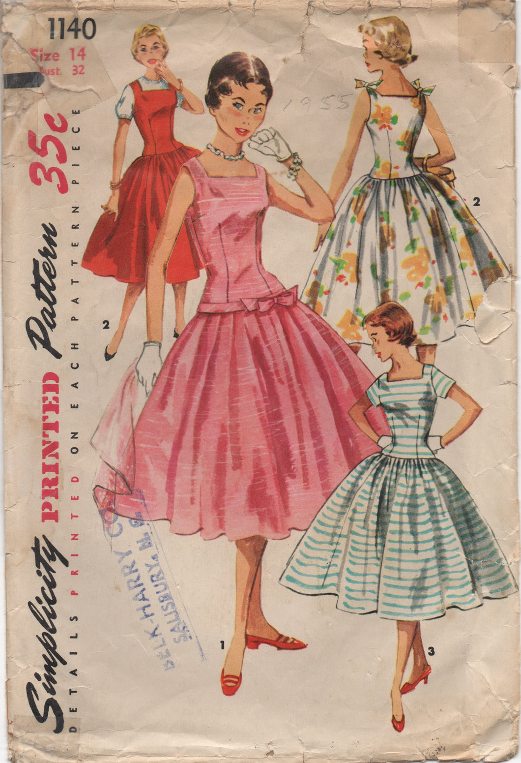 1950's Simplicity One Piece Dress with Square Neckline, Drop Waist and Bow Accents - Bust 32