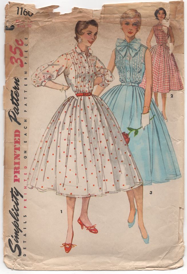 Copy of 1950’s Simplicity One Piece Dress with Tucked Bodice and Pussy Bow - Bust 30" - No. 1160