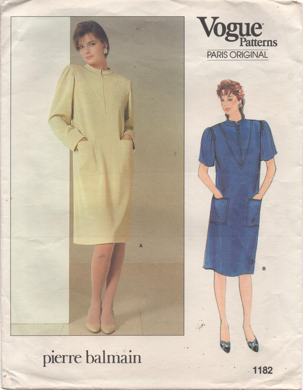 1980's Vogue Paris Original Midi Straight line Dress Pattern with Yoke accent and Short or Long Sleeves -Pierre Balmain - Bust 32.5
