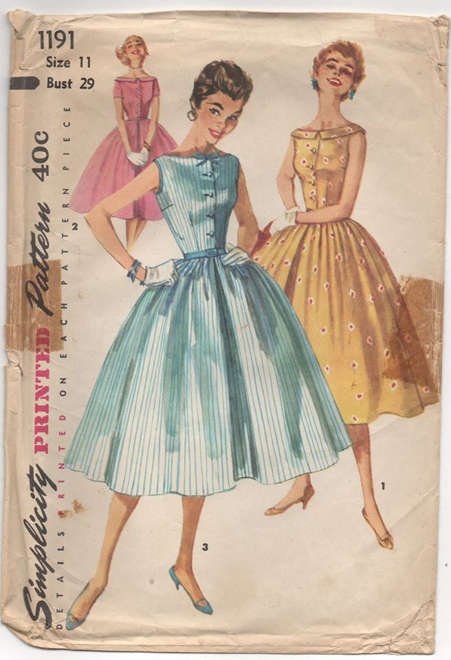 1950's Simplicity One Piece Fit and Flare Dress with Button-Up Front Dress Pattern - Bust 29" - 1191