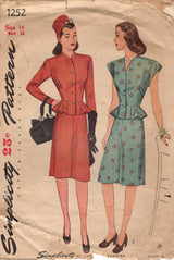 1940's Simplicity Two Piece Dress Patter with Flared Peplum Jacket - Bust 32" - No. 1252