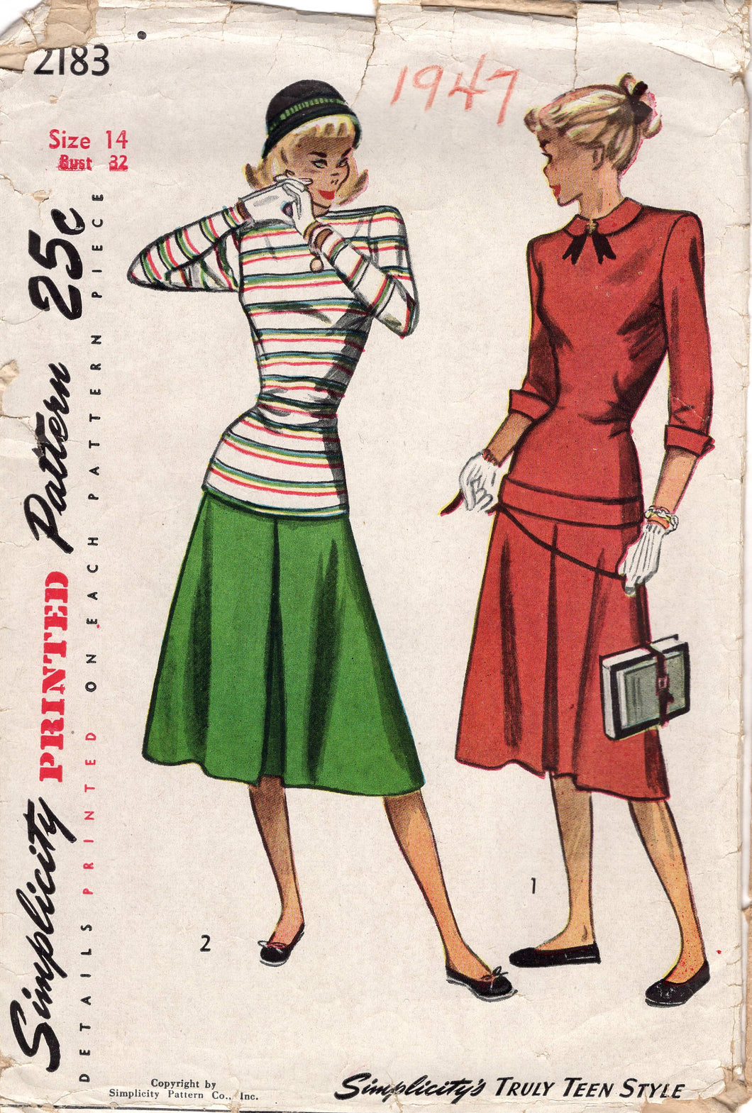 1940's Simplicity Two Piece Dress Pattern with Long Torso Top and Pleated Front Skirt - Bust 32