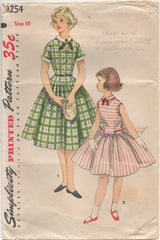 1950's Simplicity Girl's One Piece Dress with Dropped Waist and Peter Pan Collar - Bust 28" - # 1254