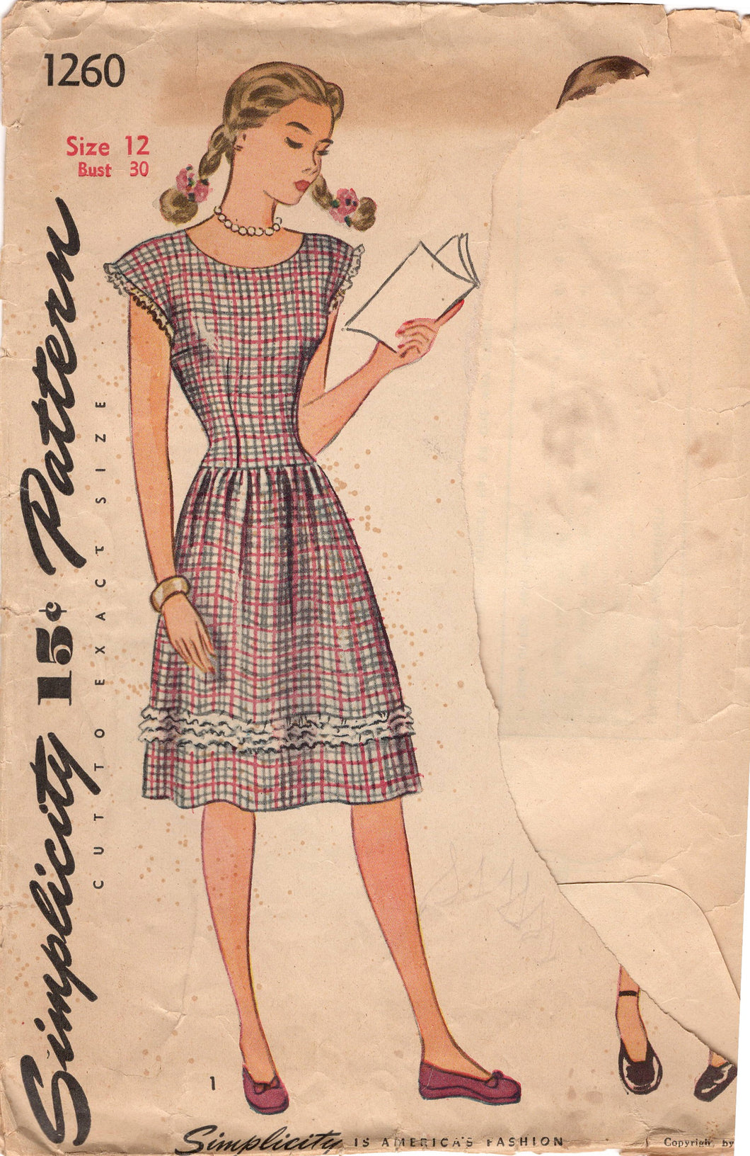 1940's SImplicity One-Piece Dress with Square or Round Neckline Pattern - Bust 30