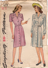 1940's Simplicity One Piece Button Up Dress with Pin Tucks and Detailed Shoulder Trim - Bust 34" - No. 1273