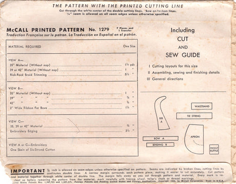 1940’s McCall Full or Half Apron Pattern - One Size - No. 1279