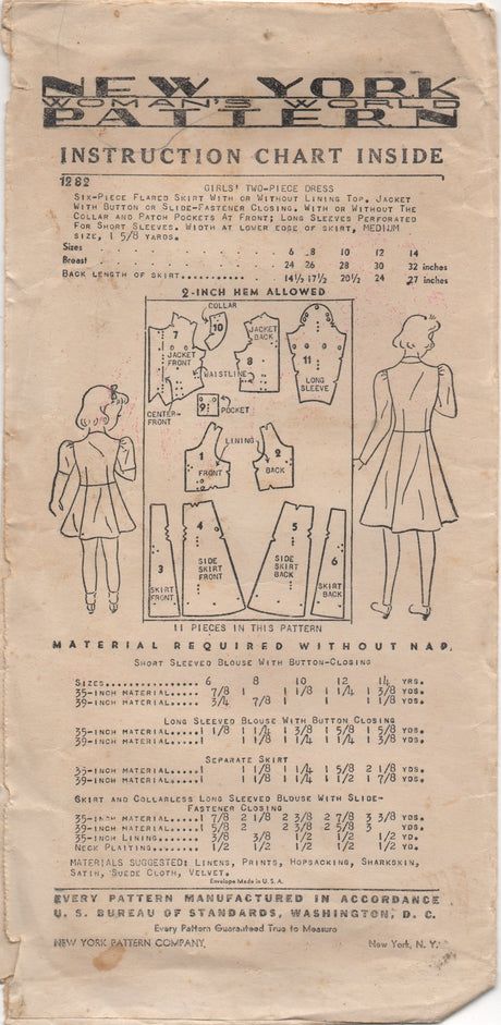 1940's New York Child's Two Piece Dress with Zip or Button Front - Chest 28" - No. 1282