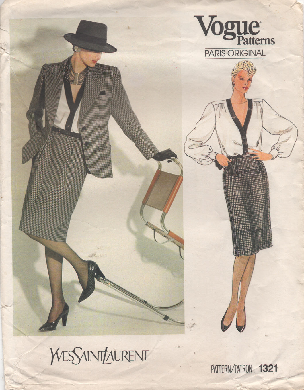 1980's Vogue Paris Original Button up Blouse with Deep V, Jacket and Pencil Skirt Pattern - Yves Saint Laurent - Bust 34