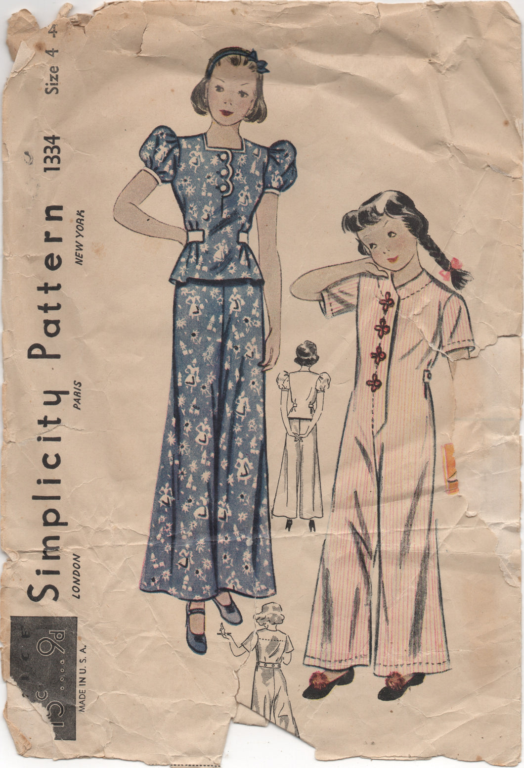 1930's Simplicity Child's One Piece or Two Piece Pajamas with Wide leg pants and Scallop detail - Chest 23