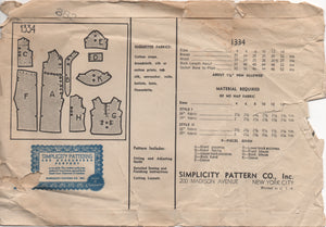 1930's Simplicity Child's One Piece or Two Piece Pajamas with Wide leg pants and Scallop detail - Chest 23" - No. 1334