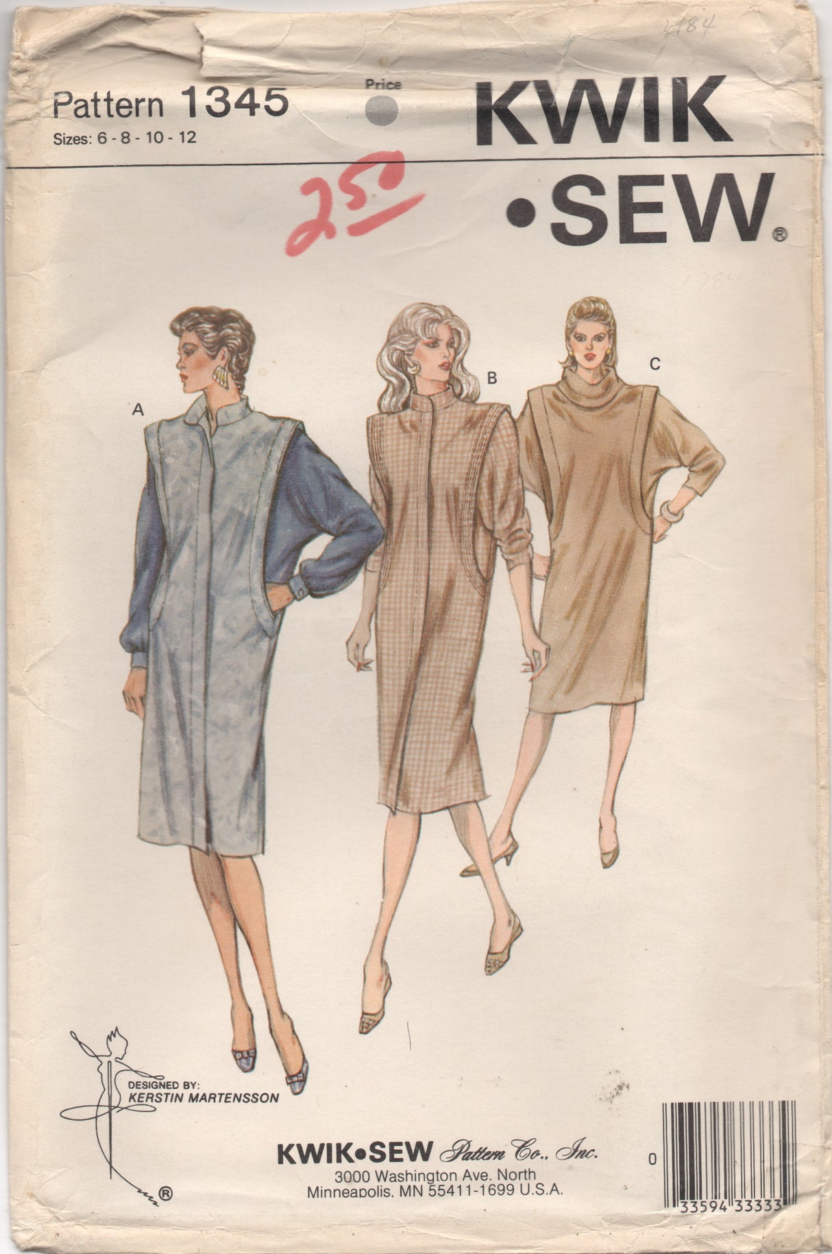 1980's Kwik Sew One Piece Oversize Dress with Dolman Sleeves - Bust 32.5-37" - No. 1345