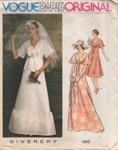 1970's Vogue Paris Original by Givenchy Empire Waist A line Wedding Gown with or without Ruffle and Bridesmaid Dress Pattern - Bust 34" - UC/FF - No. 1362