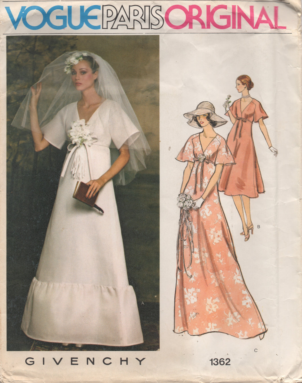 1970's Vogue Paris Original by Givenchy Empire Waist A line Wedding Gown with or without Ruffle and Bridesmaid Dress Pattern - Bust 34