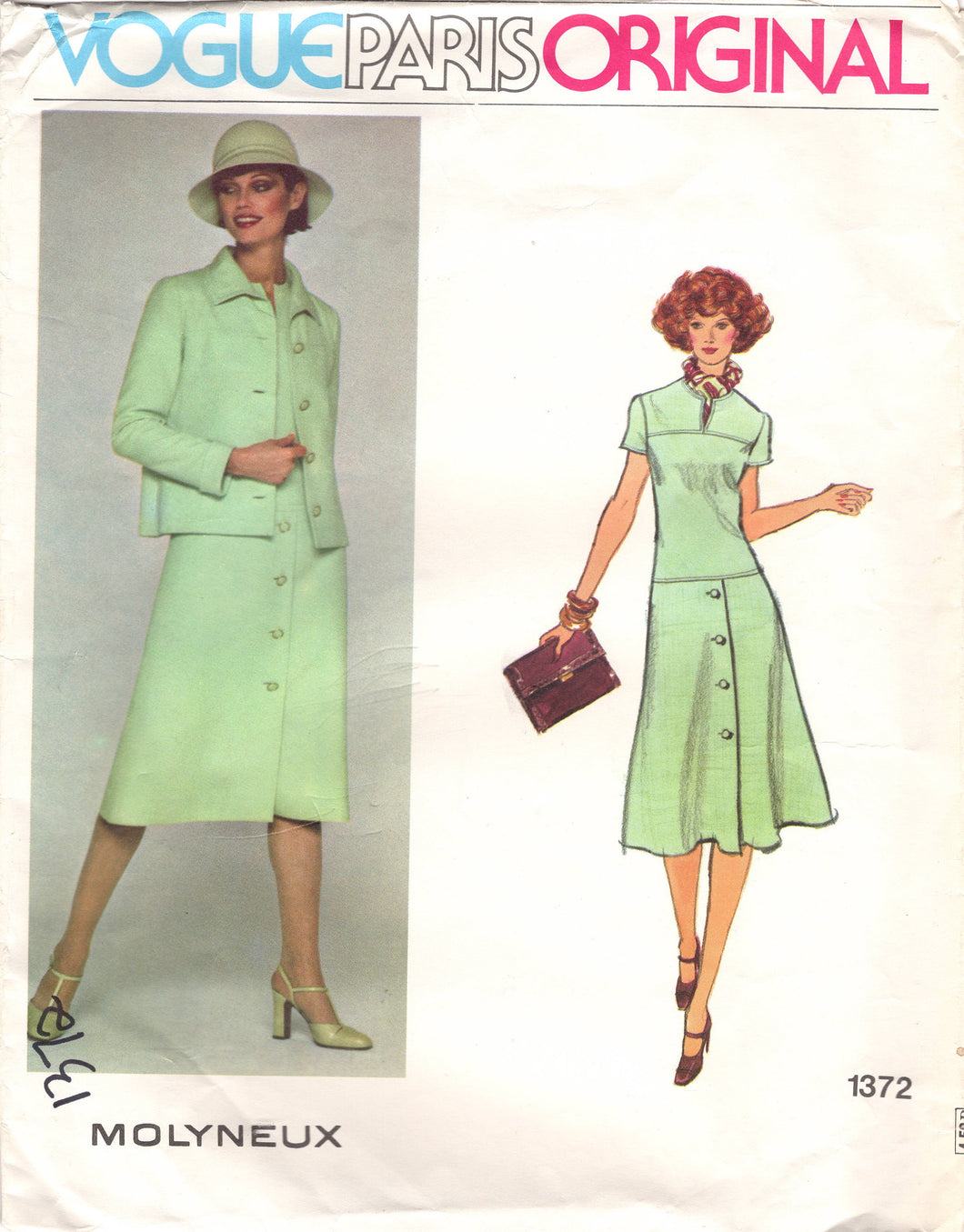 1970's Vogue Paris Original Drop-Waist Dress Pattern with Button detail skirt and Jacket Pattern - Molyneux - Bust 34