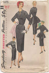 1950's Simplicity One Piece Dress with Detachable Collar, Cuffs and Peplum - Bust 30" - No. 1375