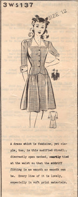 1940's Mail Order Drop Waist One Piece Dress with Slightly Gathered Skirt and Large Collar - Bust 30" - No. 137