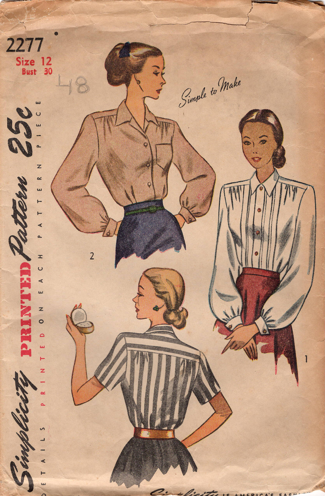 1940's Simplicity Blouse with pin-tucked front and Two Sleeve lengths - Bust 30