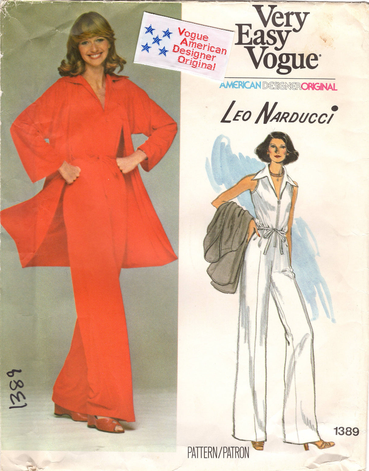 1970’s Vogue Zip Front Jumpsuit with straight legs and Jacket Pattern - Bust 34” - No. 1389