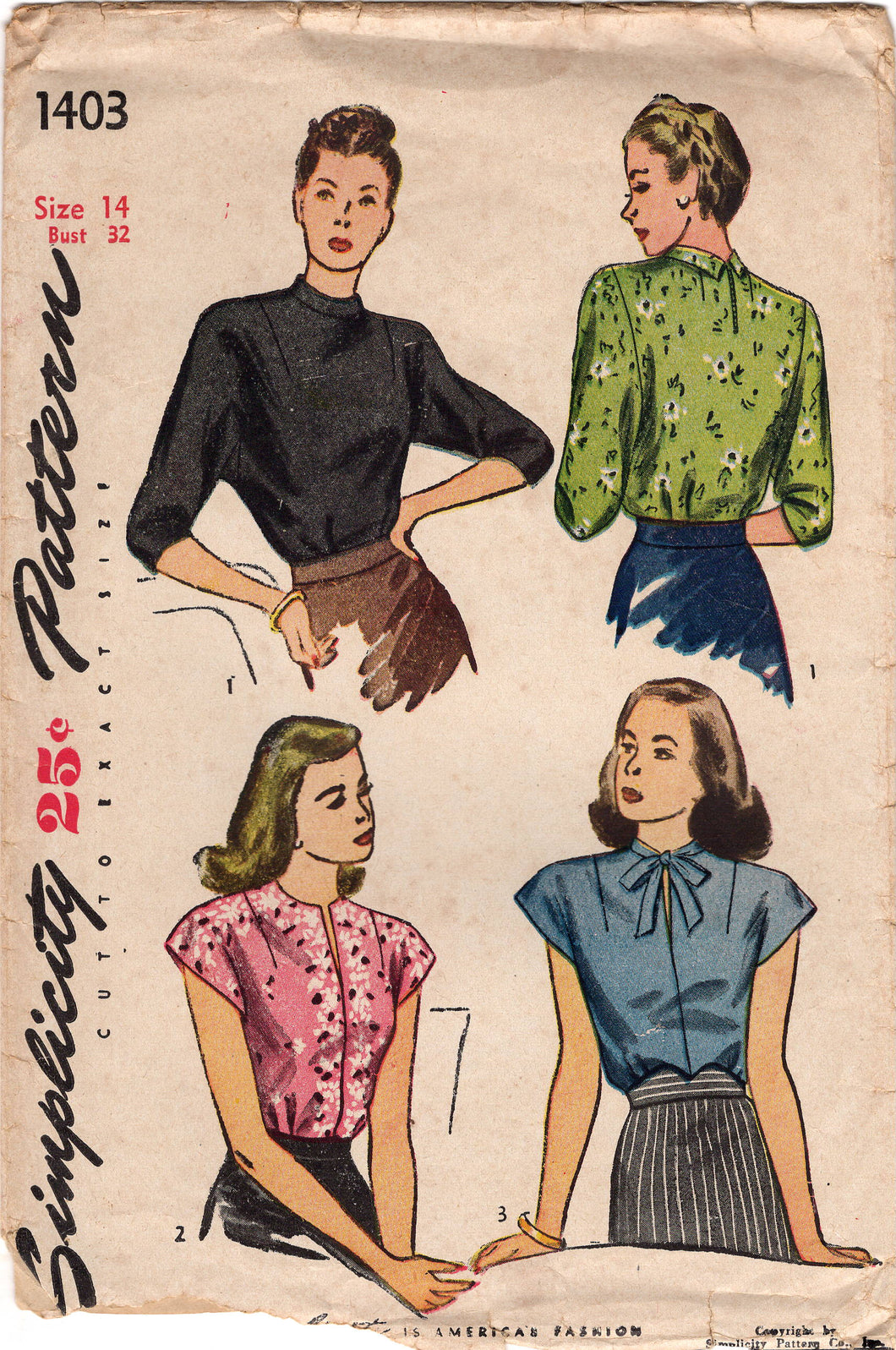 1940's Simplicity Pullover Blouse with Collar or Thin Bow and Slit Neckline pattern - Bust 32