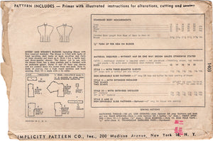 1940's Simplicity Pullover Blouse with Collar or Thin Bow and Slit Neckline pattern - Bust 32" - No. 1403