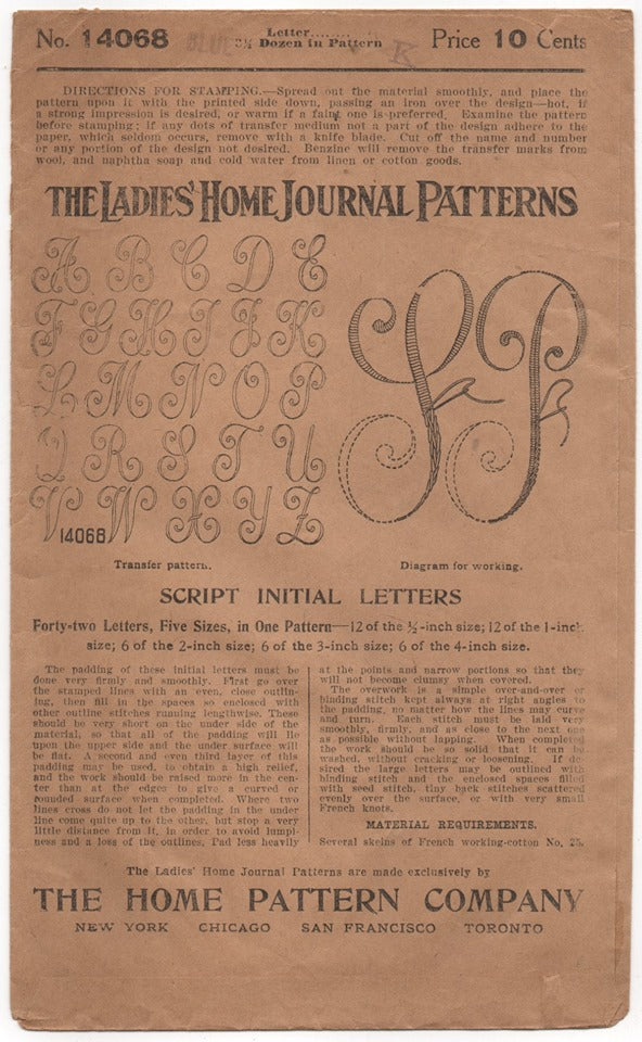 1910's Ladies Home Journal Script Letter Transfer "K" - No. 14068