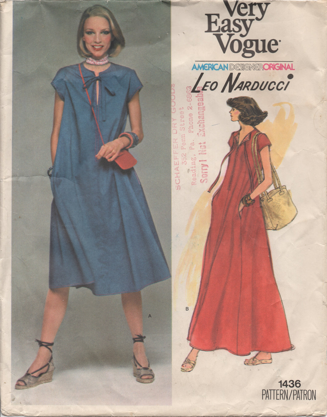1970's Vogue Paris Original One Piece Dress Midi or Maxi Dress in Two Lengths - Bust 34