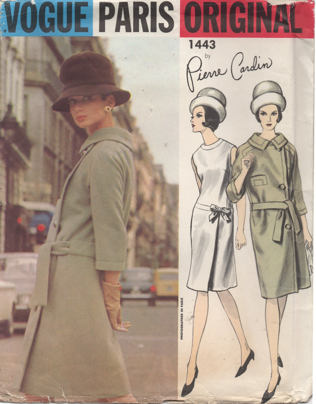1960's Vogue Paris Original - Pierre Cardin - One Piece Dress with Bow Detail and Side Button Coat - UC/FF - Bust 31