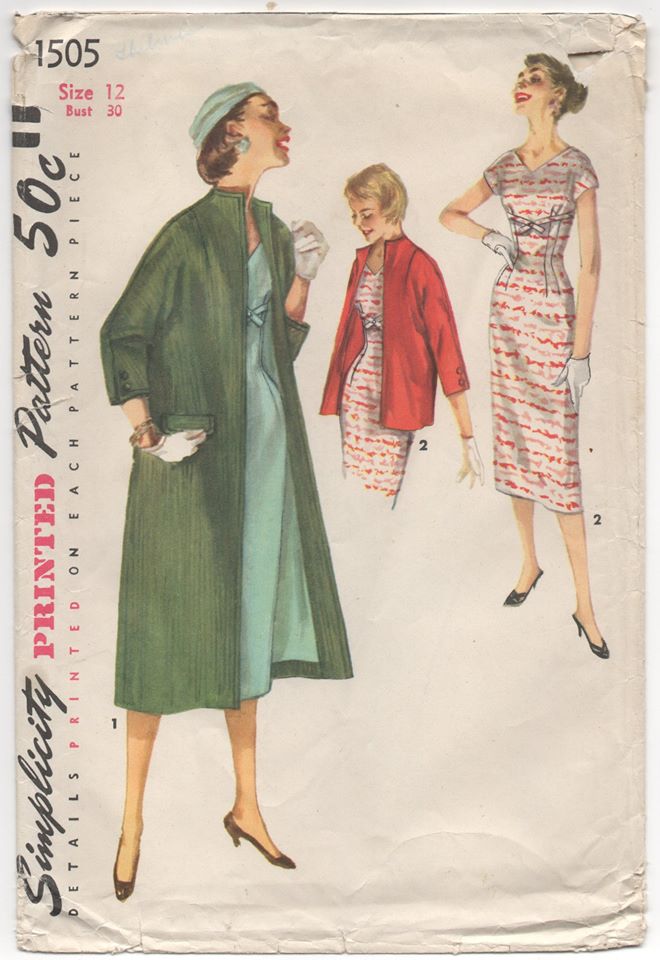 1950's Simplicity One Piece Dress with Nipped Waist, Bow detail and Jacket - Bust 30" - No. 1505