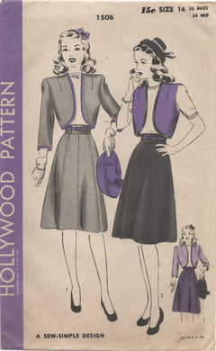 1940's Hollywood Bolero and Skirt Set Pattern - Bust 32